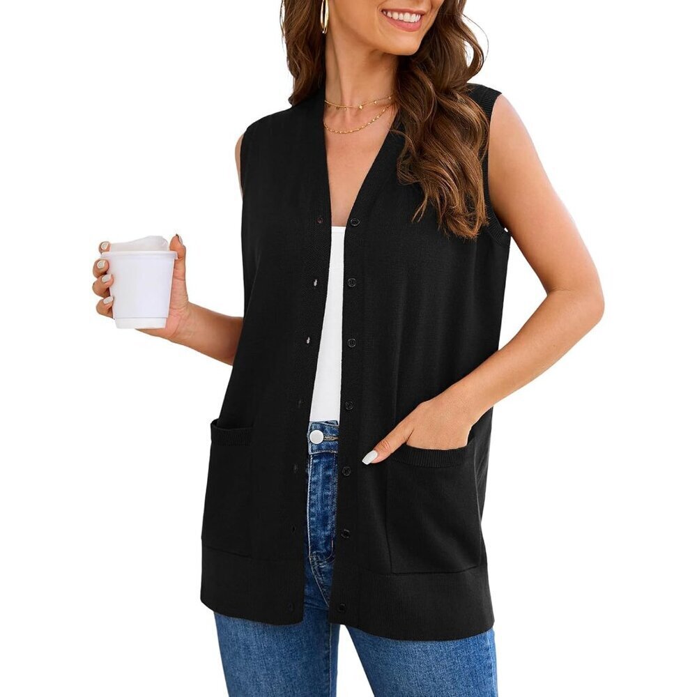 Women's Sleeveless Button Down Cardigan Sweater Soft Knit Casual Office Duster